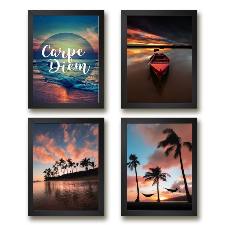 Kit 4 Quadros Praia Por Do Sol Carpe Diem
