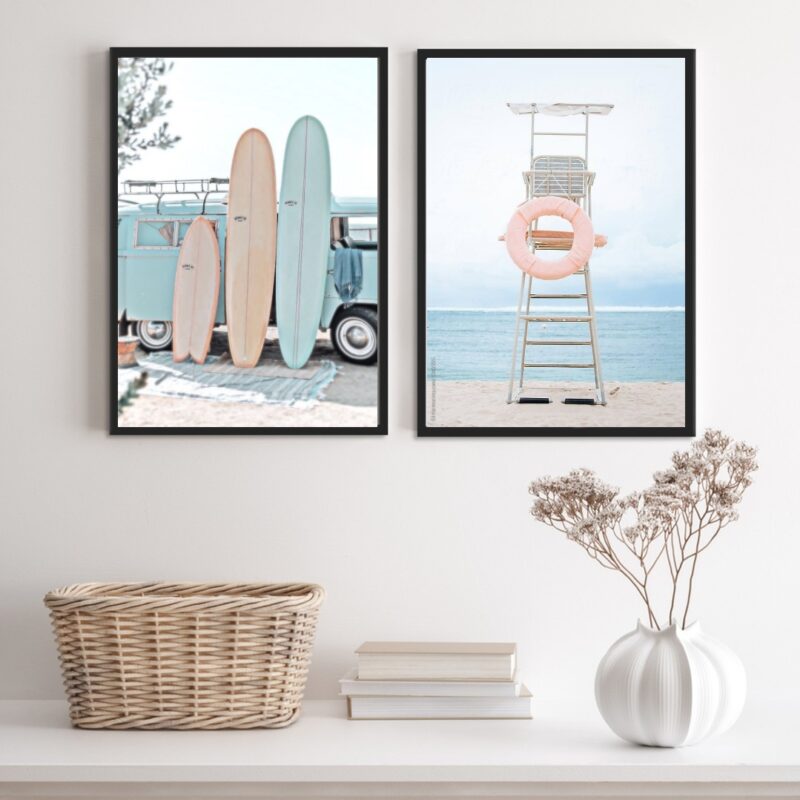 Kit 2 Quadros Fotografias Praia Kombi Pranchas Surf