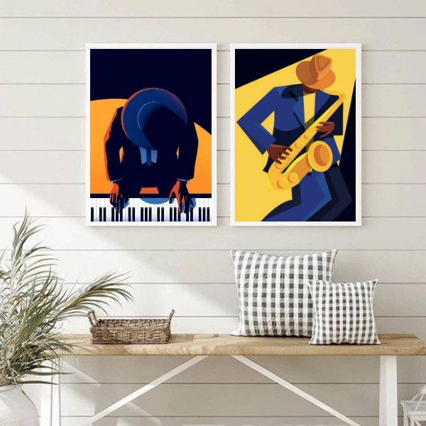 Kit 2 Quadros Decorativos Musicos Saxofone E Piano