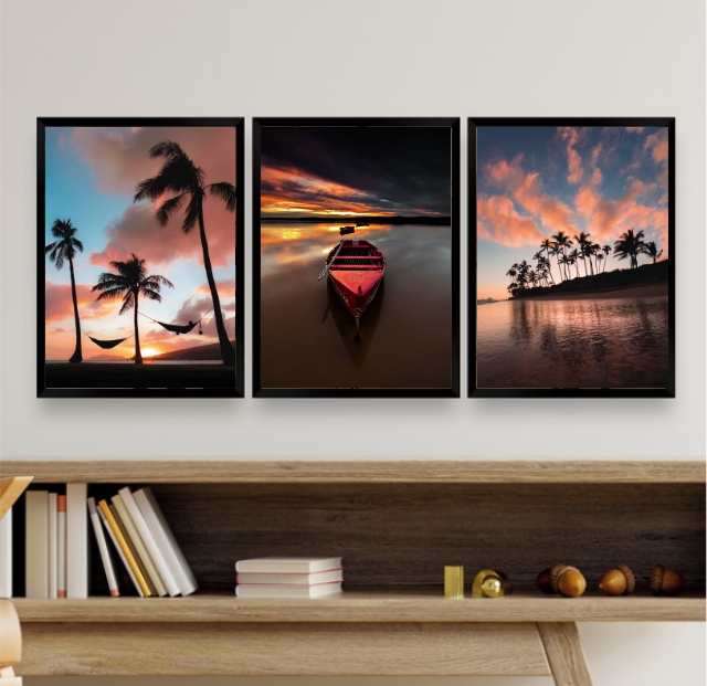 Kit 3 Quadros Para Sala Por Do Sol Na Praia