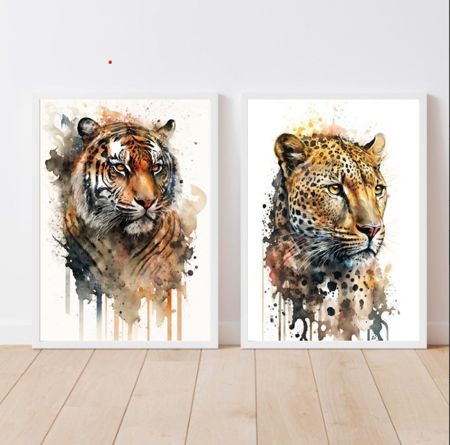 Kit 2 Quadros Decorativos Onça E Tigre Aquarela