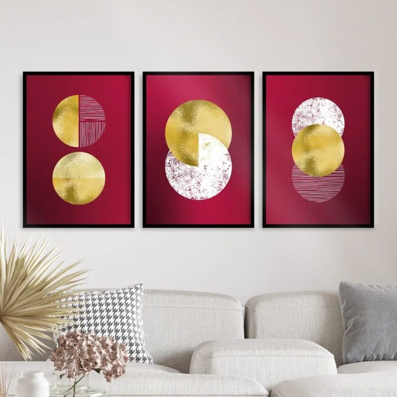 Kit 3 Quadros Abstratos Círculos Vinho e Dourado