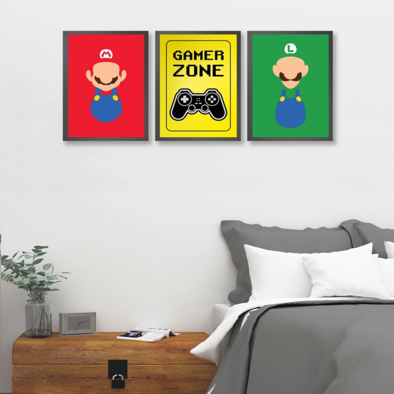 kit 3 Quadros Para Quarto Gamer Zone Coloridos