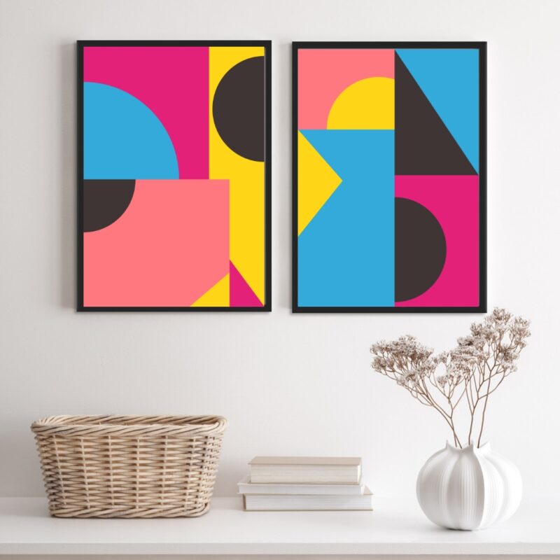 Kit 2 Quadros Abstratos Azul Rosa Amarelo