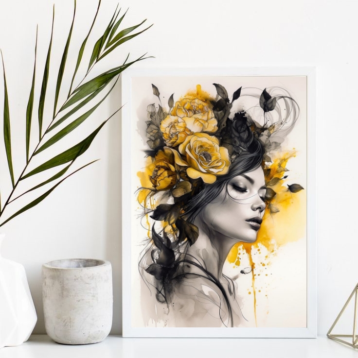 Quadro Decorativo Mulher Flores Amarela E Preto