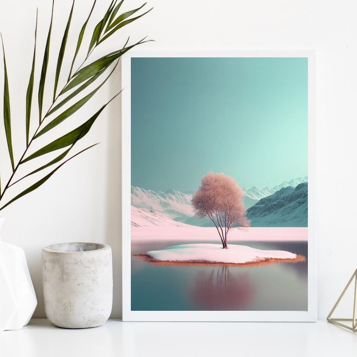 Quadro Decorativo Rosa E Azul Paisagem Neve
