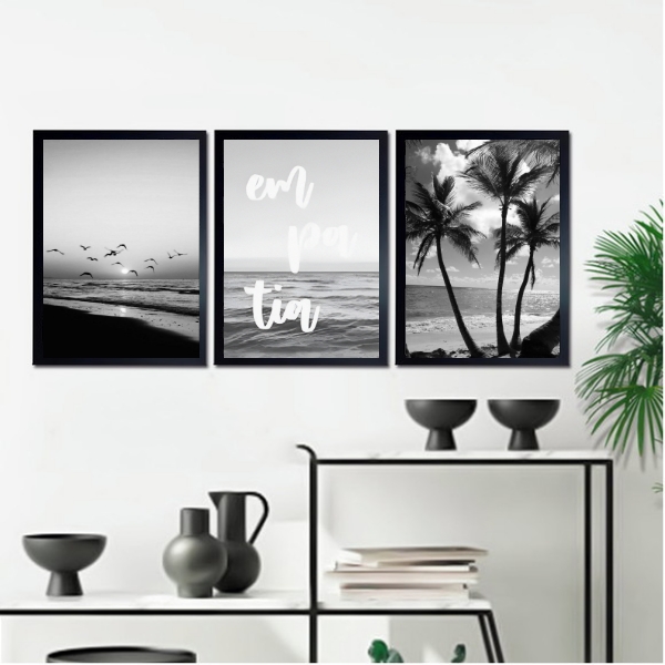 Kit 3 Quadros Praia Preto E Branco Empatia