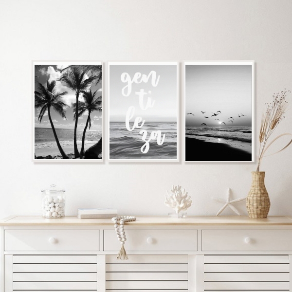 Kit 3 Quadros Praia Preto E Branco Gentileza
