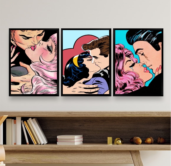Kit 3 Quadros Decorativos Beijo Pop Art - Casais