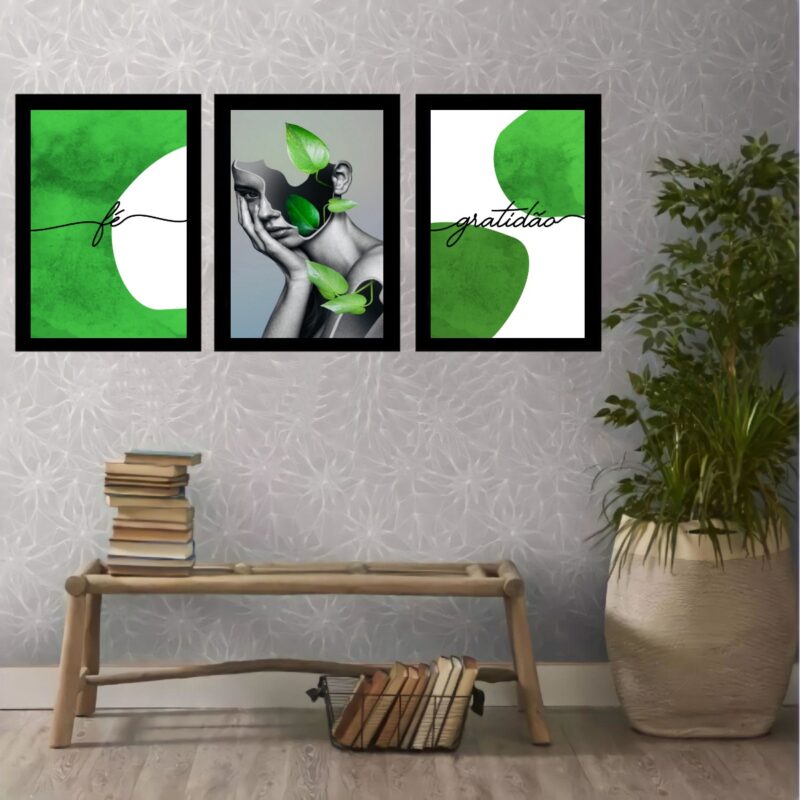 Kit 3 Quadros Abstratos Verdes Mulher Fé Gratidão