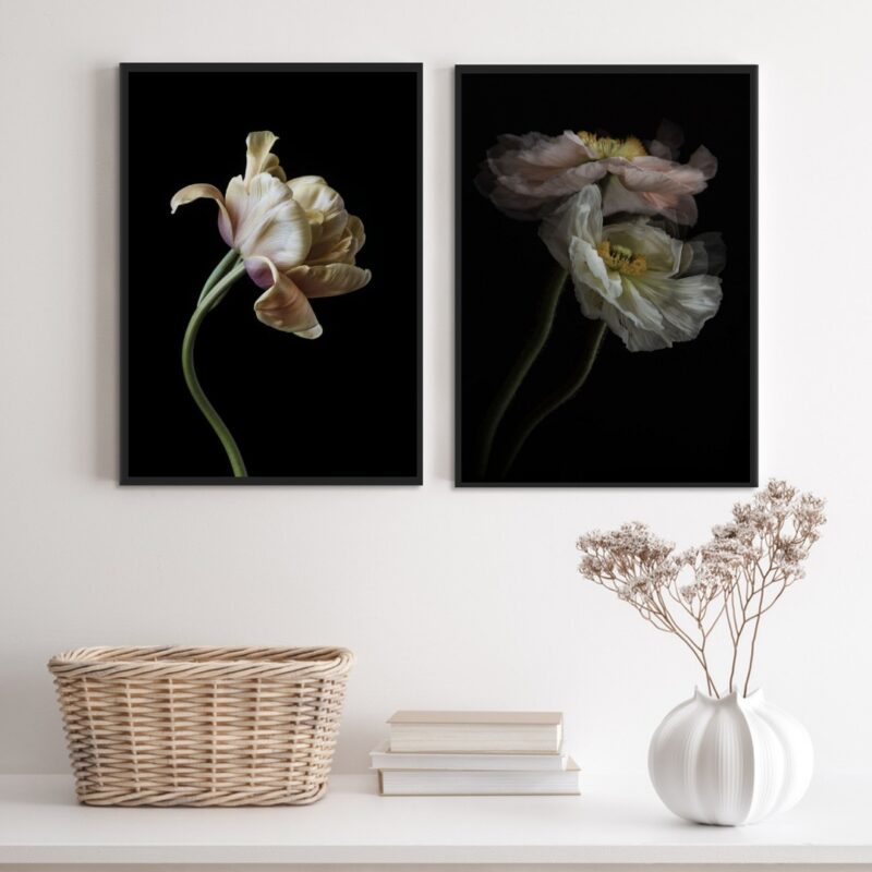 Kit 2 Quadros Flores Tons Bege Fundo Preto