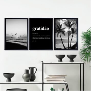 Kit 3 Quadros Praia Preto E Branco Gratidão Significado