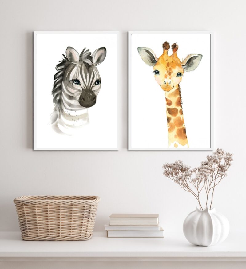 Kit 2 Quadros Animais Infantis Aquarela