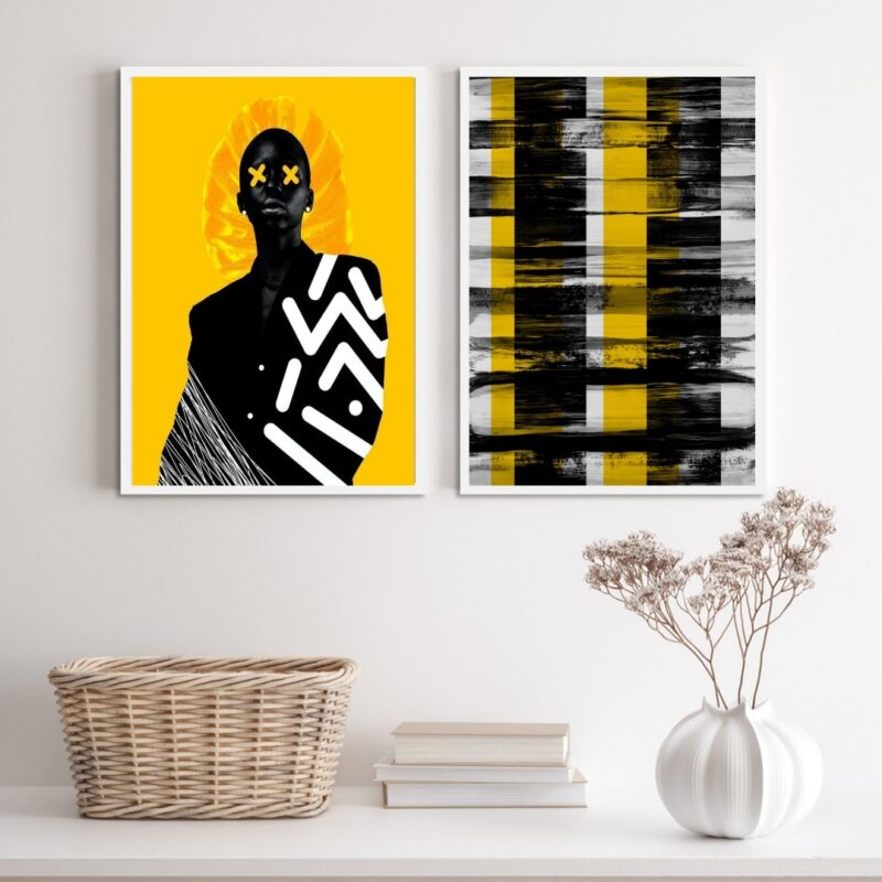 Kit 2 Quadros Modernos Preto E Amarelo Mulher Abstrato