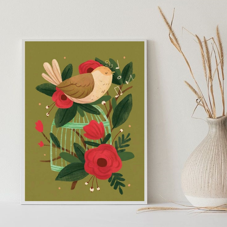 Quadro Decorativo Retrô Passarinho Cantando
