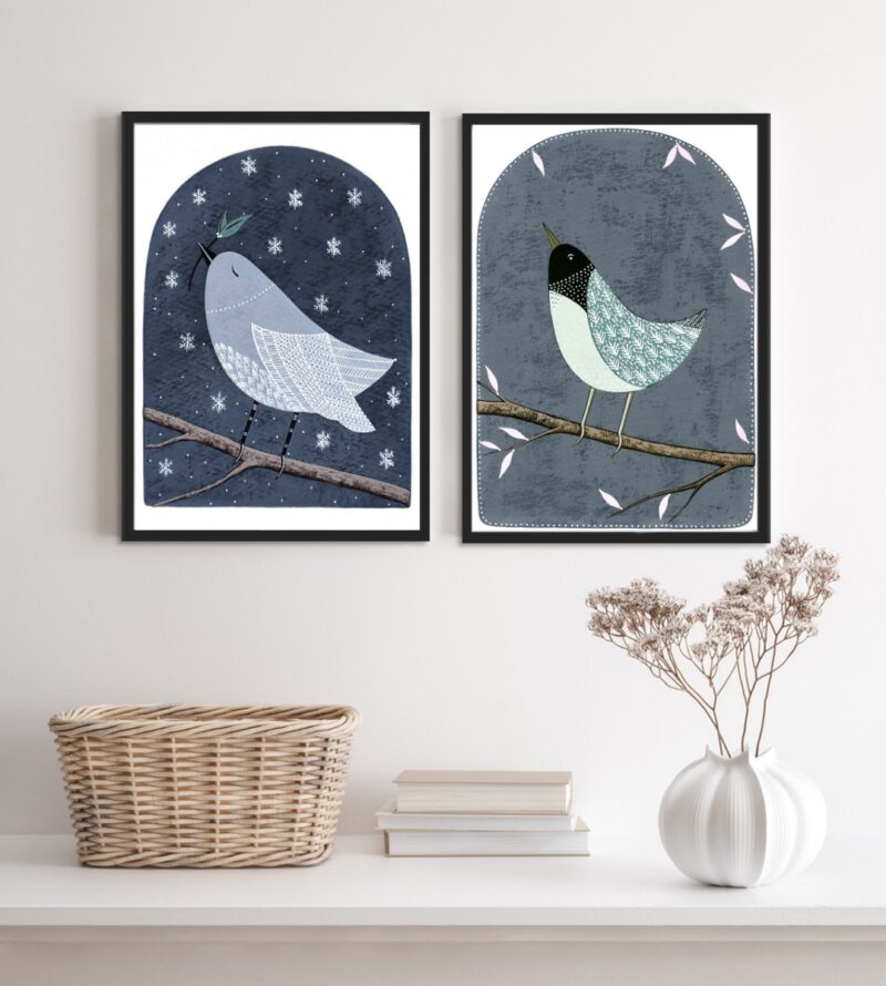 Conjunto 2 Quadros Arte Passarinhos Azuis