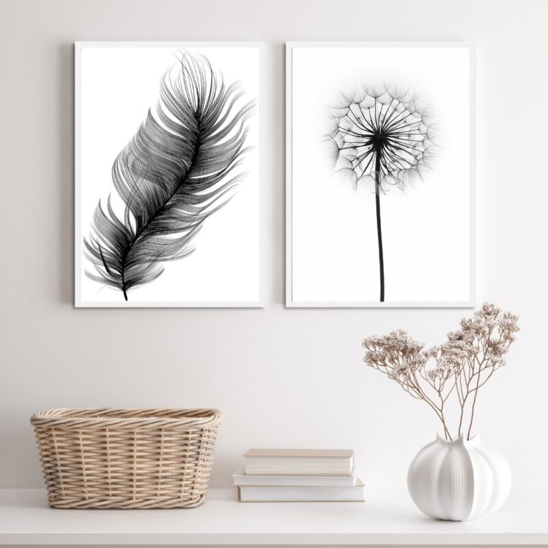Kit 2 Quadros Minimalistas Modernos Pena E Flor