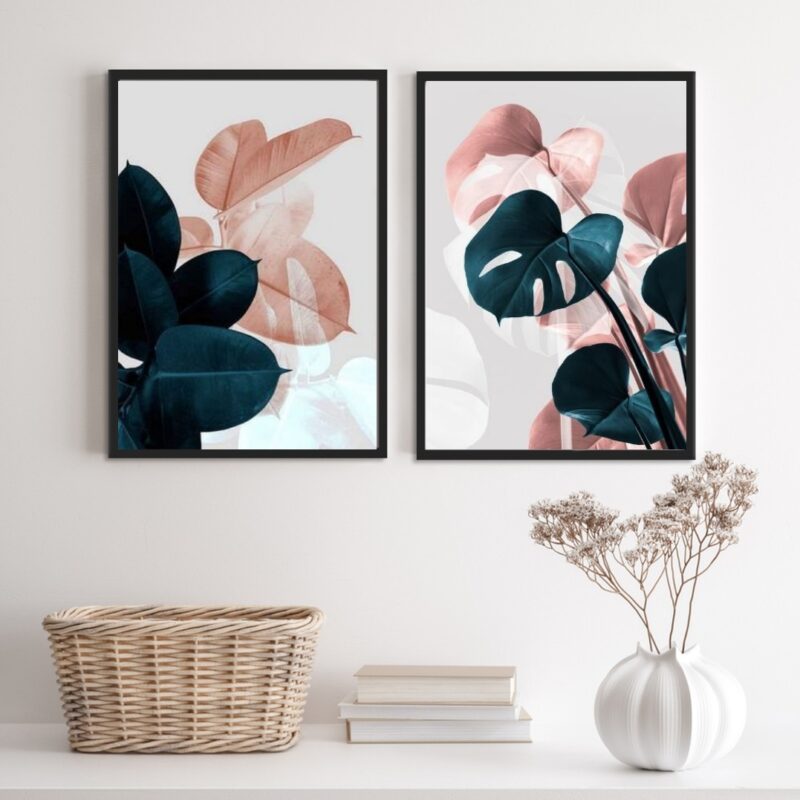 Conjunto 2 Quadros Modernos Folhas Petróleo Rosê