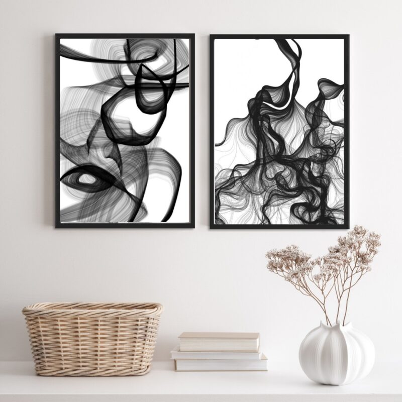 Kit 2 Quadros Abstratos Emaranhado Preto Cinza Branco