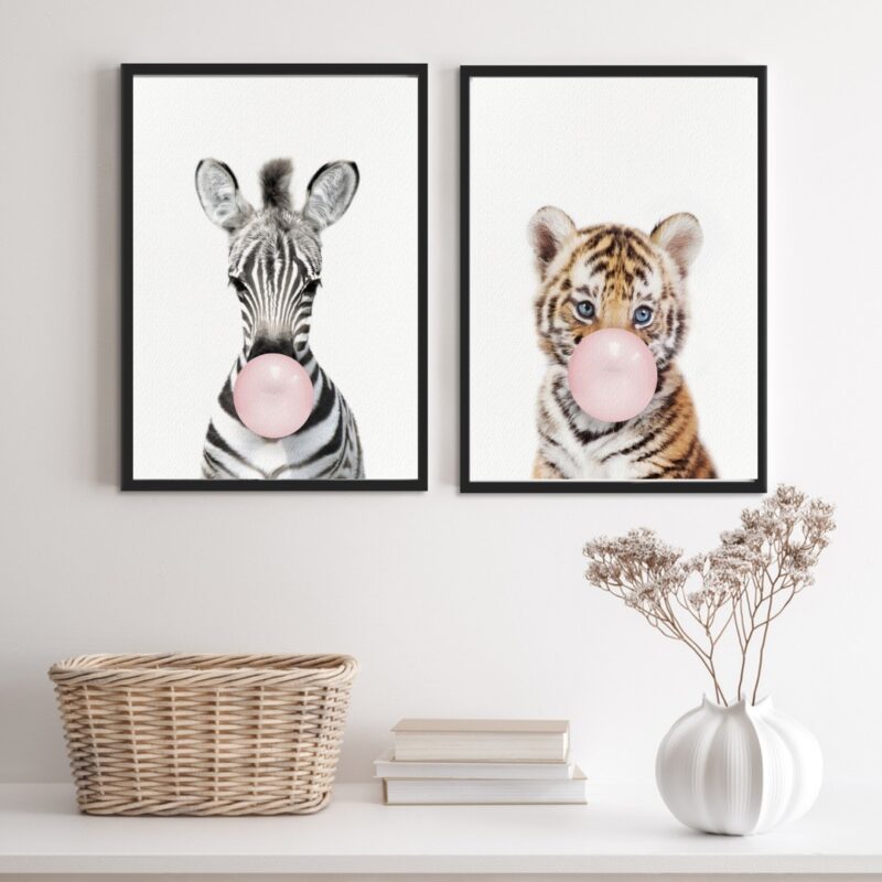 Kit 2 Quadros Zebra Tigre Bubble Gum