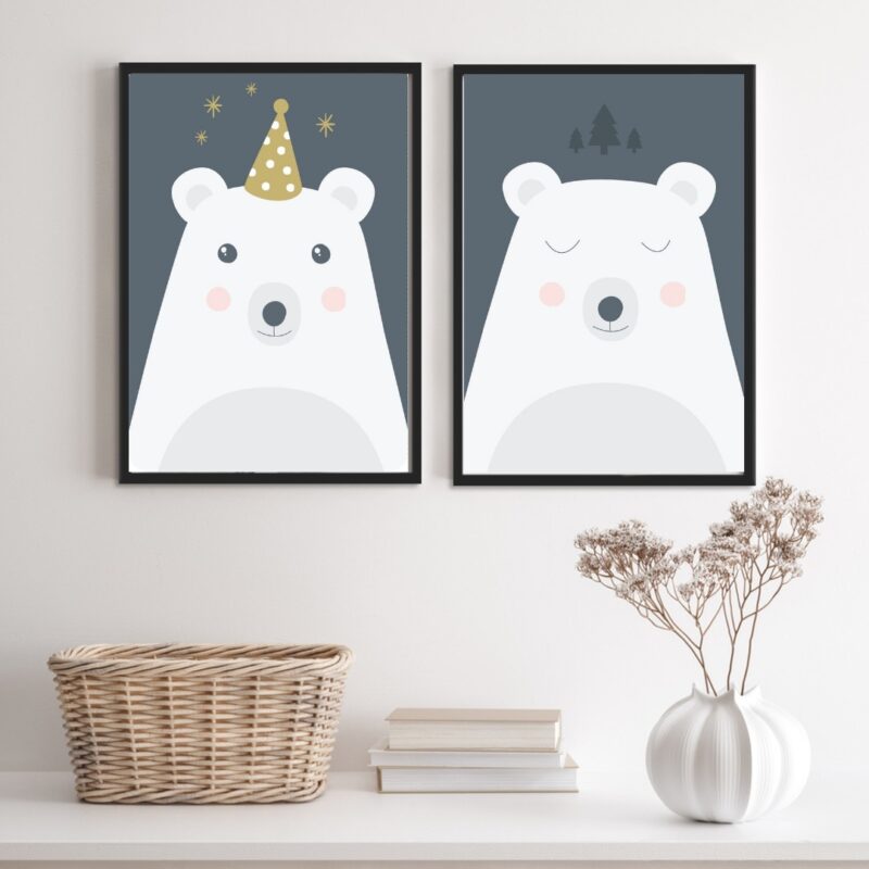 Kit 2 Quadros Infantis Menino Urso Polar Azul E Branco
