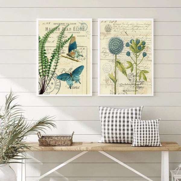 Kit 2 Quadros Botânica Vintage Borboletas Flores Azuis