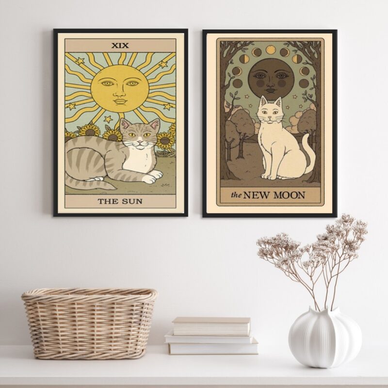 Kit 2 Quadros Cartas Tarot Gato- The Sun E The Moon
