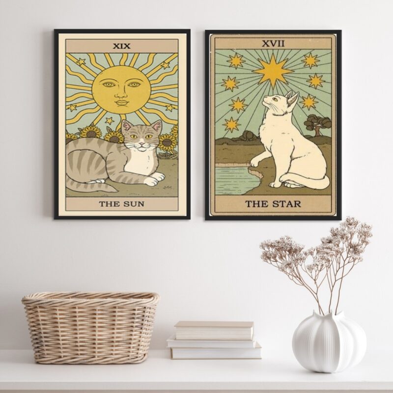 Kit 2 Quadros Cartas Tarot Gato- The Sun E The Star