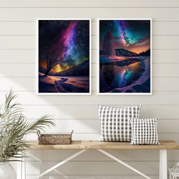 Kit 2 Quadros Decorativos Aurora Boreal