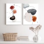 Kit 2 Quadros Decorativos Flor E Abstrato- Manchas Aquarela