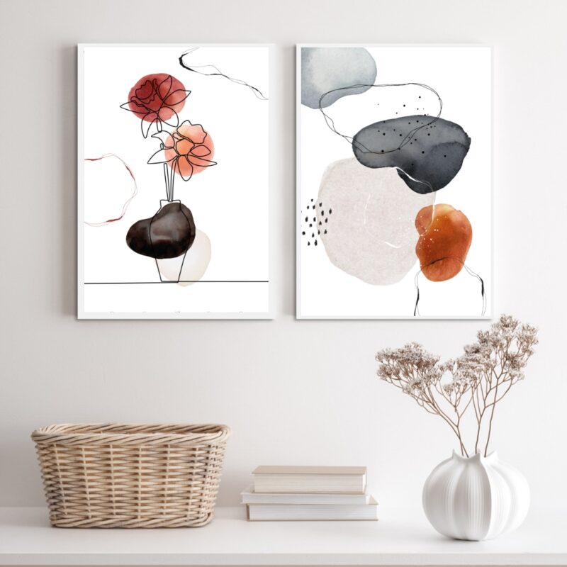 Kit 2 Quadros Decorativos Flor E Abstrato- Manchas Aquarela