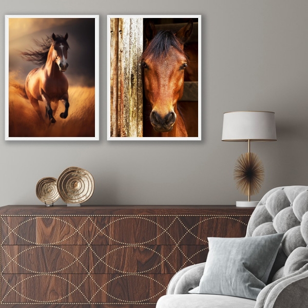 Kit 2 Quadros Fotografias Cavalos Marrom