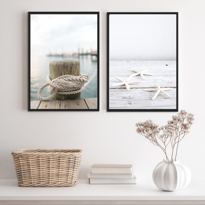 Kit 2 Quadros Praia Branco- Corda E Estrela Do Mar