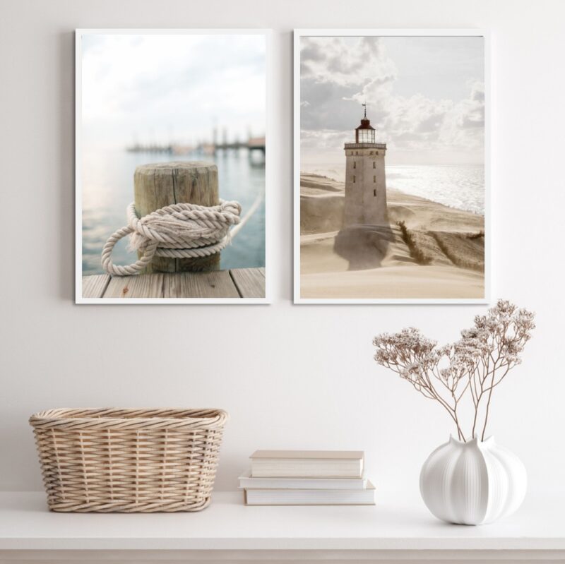 Kit 2 Quadros Praia Branco- Corda E Farol