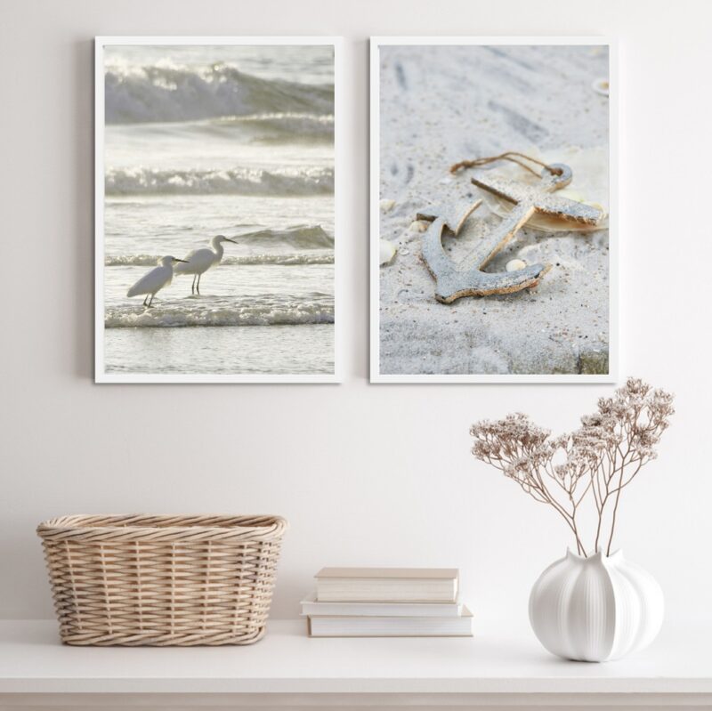 Kit 2 Quadros Praia Branco- Passarinhos E Âncora