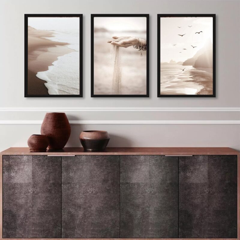 Kit 3 Quadros Decorativos Praia Bege E Marrom