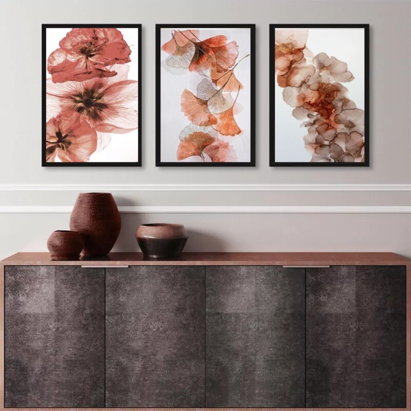 Kit 3 Quadros Decorativos Sala Flores Marrom Rosê