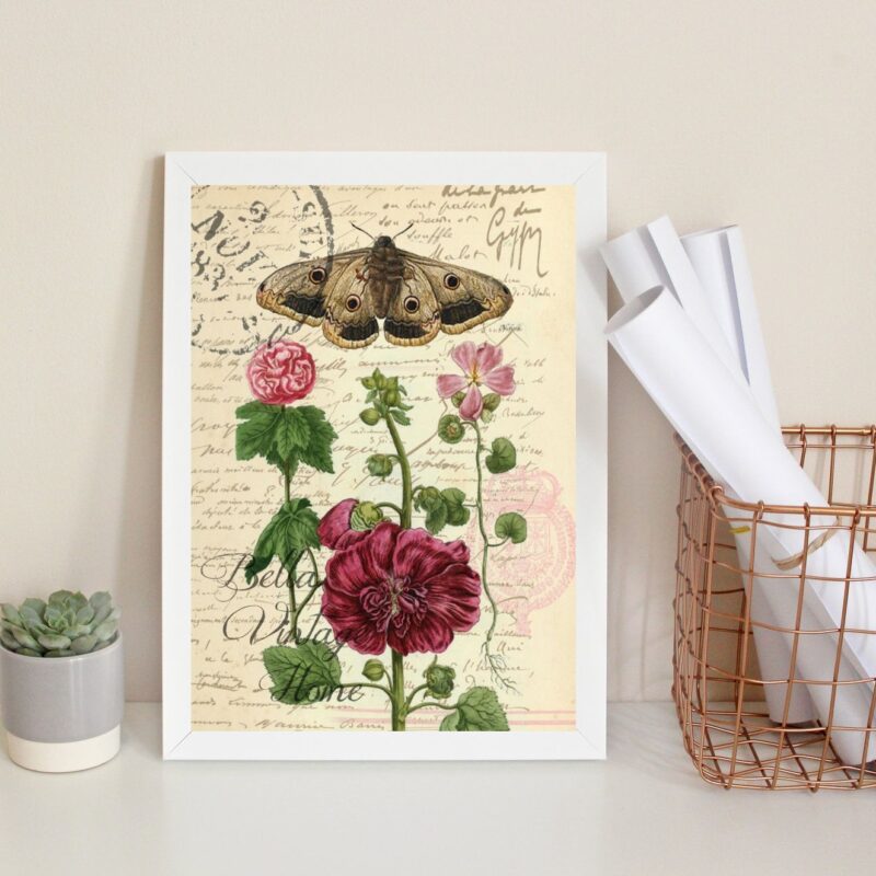 Quadro Decorativo Borboleta E Flor Vintage