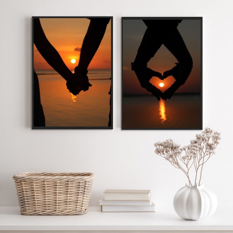 Kit 2 Quadros Decorativos Casal Por Do Sol Praia