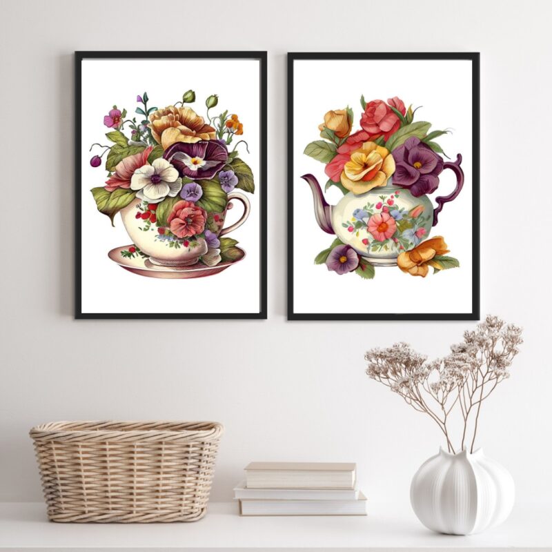 Kit 2 Quadros Cozinha Vintage Café Com Flores