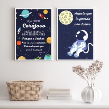 Kit 2 Quadros Infantis Evangélicos Tema Espacial