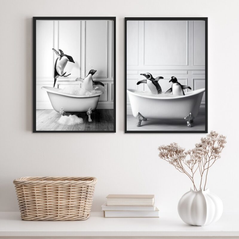 Kit 2 Quadros Para Decorar Banheiro- Pinguins