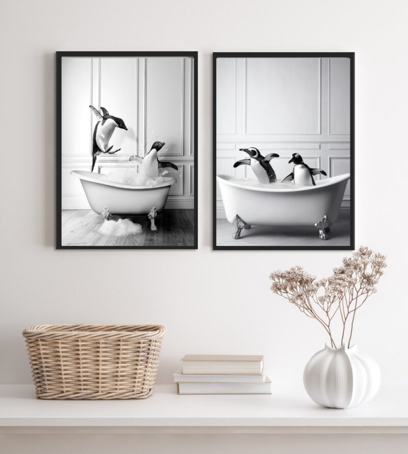 Kit 2 Quadros Para Decorar Banheiro- Pinguins