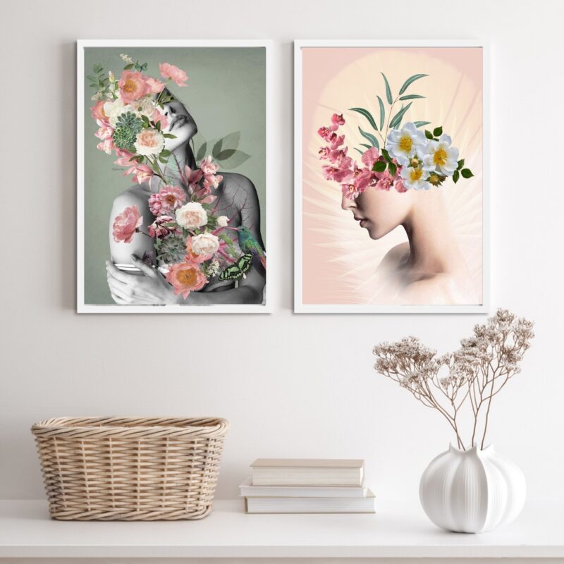 Kit 2 Quadros Para Sala Cinza E Rosa Mulheres Flores