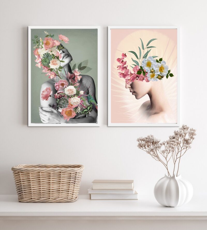 Kit 2 Quadros Para Sala Cinza E Rosa Mulheres Flores