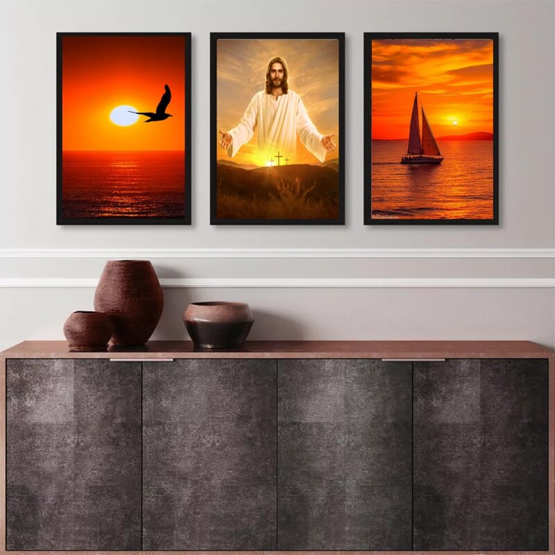Kit 3 Quadros Evangélicos Jesus Por Do Sol