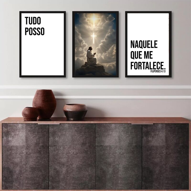 Kit 3 Quadros Evangélicos Tudo Posso Naquele Que Me Fortalece