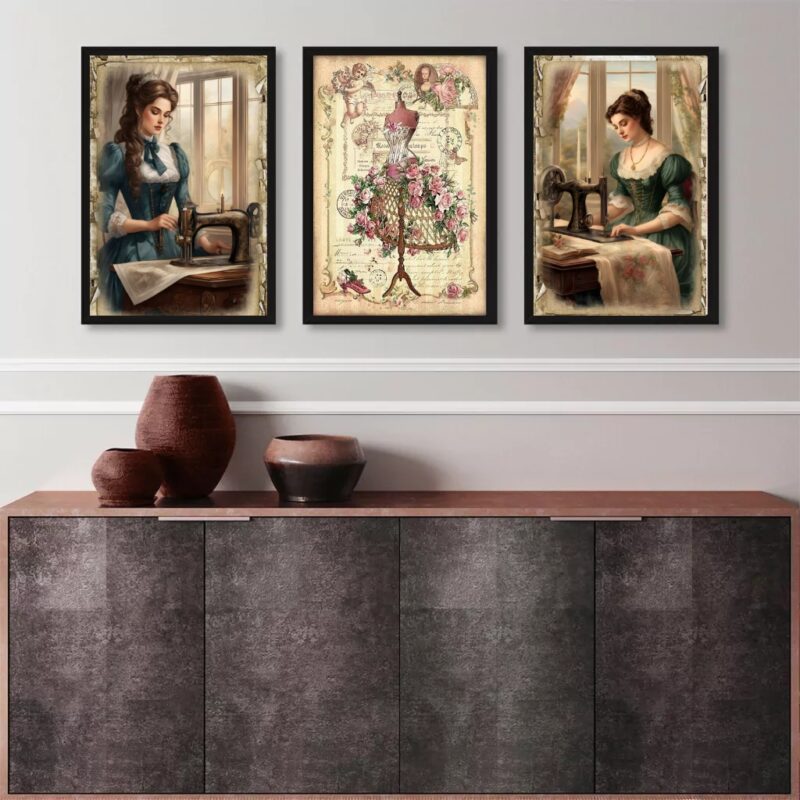 Kit 3 Quadros Vintage Para Atelier De Costura