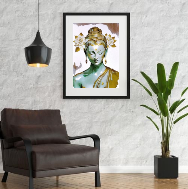 Quadro Buda Branco Com Dourado- 60X48 Cm