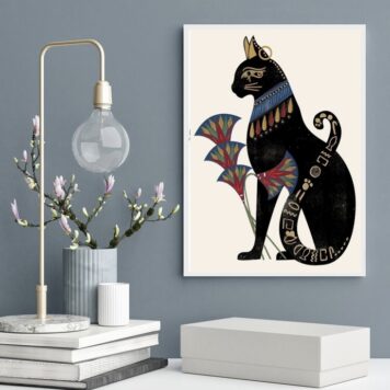 Quadro Decorativo Gato Bastet Com Flor De Lotus